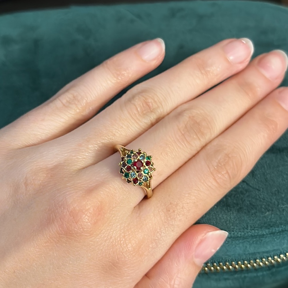 18 KG Electroplated over 925 Multi Stone Dome Ring Ruby Emerald Topaz